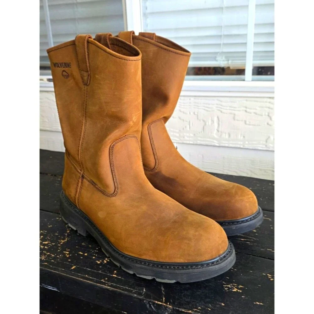 Wolverine Wellington Brown Leather Pull-On Work Boots, Mid-Calf Mens 14M